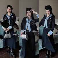 BỘ CHÂN VÁY XOÈ DÀI+áo KIỂU TAY DÀI PHỐI MÀU cổ sơ mi 071023