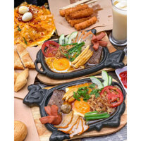 Bộ Chảo Gang Làm Bò Beefsteak, Bánh Mỳ Chảo Kèm Đế Lót Gỗ Cam Homeware