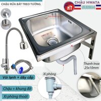 Bộ Chậu Rửa Chén Bát SUS304 HWATA Treo Tường Kèm Vòi Lạnh - Đủ bộ gồm Chậu, khung treo, xi phông, vòi