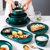Bộ chén bát đía gốm sứ xanh ngọc cao cấp - Viền vàng