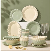 Bộ chén bát đĩa sứ xanh bơ viền nổi 3D Xanh kem be Pastel cao cấp bát ăn cơm