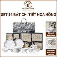 Bộ Chén Bát Gốm Sứ Tráng Men Cao Cấp ROMANTIC 14 Món Họa Tiết Hoa Hồng Sang Trọng