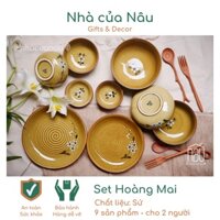 Bộ Chén Đĩa Bát Sứ cao cấp Hoàng Mai hàng Bát Tràng họa tiết Hoa Mai dành cho gia đình, cặp đôi, làm quà cưới, Tân gia,