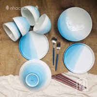 Bộ chén đĩa bát SỨ cho gia đình bốn người hoạ tiết mây xanh, an toàn cho lò vi sóng và máy rửa bát Nhà của Nâu