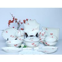 Bộ chén đĩa Bát Tràng hoa mai đỏ