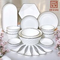 Bộ Chén Dĩa Gốm Sứ Gosu Trắng Cao Cấp Sáng Đẹp Họa Tiết Kim Cương Viền Đen