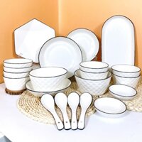 Bộ Chén Dĩa Gốm Sứ Gosu Trắng Cao Cấp Sáng Đẹp Họa Tiết Kim Cương Viền Đen