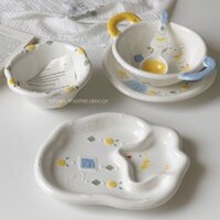 Bộ chén dĩa muỗng sứ hoạ tiết Chim Hoa Lá, chén ăn cơm, dĩa tròn dĩa dài ăn mì, tô hai quai chịu nhiệt |Chanhhomedecor|