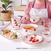 Bộ Chén Dĩa Sứ🎁TẶNG GÁC ĐŨA 🎁Bát Ăn Cơm Đĩa Sứ Dễ Thương Cute Bát Đĩa Dâu tây Decor Cao Cấp(set 18 sản phẩm tặng kèm 6 đ