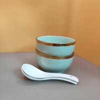 Bộ chén sứ cao cấp màu xanh lá nhạt  (4.5 Inch Hai chén hai muỗng)