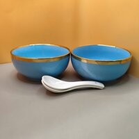 Bộ chén sứ cao cấp màu xanh  (6 Inch Hai chén hai muỗng)