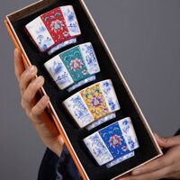 Bộ chén trà 4 chiếc, sứ cảnh đức trấn, phục cổ thanh hoa sứ trắng bát phương , có hộp, dung tích 110ml