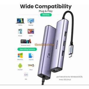 Bộ chia Type C 4 cổng USB 3.0 + Lan RJ45 Ugreen 20920
