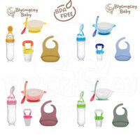 Bộ Cho Bé 4 Trong 1 Bát Ăn Cơm Dán Thìa Ăn Trái Cây Yếm Silicon Không Chứa BPA