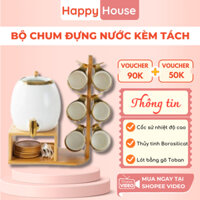 Bộ Chum Đựng Nước Kèm Tách Bằng Gốm Sứ & Kệ Gỗ Sang Trọng | Ngọc Lục Bảo Cao Cấp, Bộ Bình Trà Cao Cấp