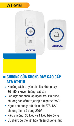 Bộ chuông cửa- 2 nút nhấn không dây đa năng ATA AT-916