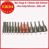 Bộ chụp bulong, vặn ốc bộ vặn khẩu 6-19mm cho khoan bắn vít dài 65mm hàng đài loan