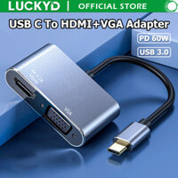 Bộ chuyển đổi HDMI LUCKYD 4 trong 1 Type C, USB C sang VGA + HDMI 4K + USB 3.0 5Gbps với trung tâm cổng sạc nhanh PD 60W cho máy tính xách tay Bàn phím chuột Udisk Máy chiếu MacBook Android Xiaomi 14 13