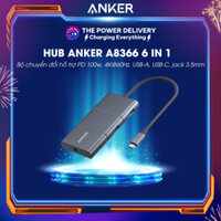 Bộ chuyển đổi Hub Anker A8366 USB-C Hub (6 in 1) hỗ trợ PD 100w, 4K@60Hz, 10 Gbps, USB-A, jack 3.5mm