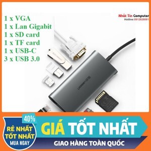 Bộ chuyển đổi TYPE C sang 3 USB 3.0 + VGA + LAN + SD TF + hỗ trợ nguồn TYPE C Ugreen 50539