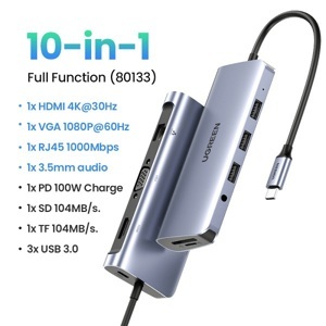 Bộ chuyển đổi USB C to HDMI + VGA + LAN 1Gbps + Hub USB3.0 + SD/TF + Audio Ugreen 80133 cao cấp(10 in 1)