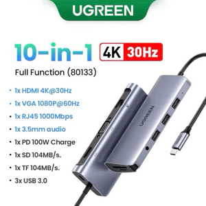 Bộ chuyển đổi USB C to HDMI + VGA + LAN 1Gbps + Hub USB3.0 + SD/TF + Audio Ugreen 80133 cao cấp(10 in 1)