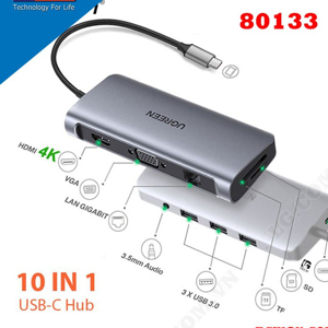 Bộ chuyển đổi USB C to HDMI + VGA + LAN 1Gbps + Hub USB3.0 + SD/TF + Audio Ugreen 80133 cao cấp(10 in 1)