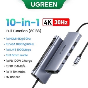 Bộ chuyển đổi USB C to HDMI + VGA + LAN 1Gbps + Hub USB3.0 + SD/TF + Audio Ugreen 80133 cao cấp(10 in 1)