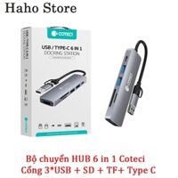 Bộ chuyển HUB 6 in 1 COTECi đa năng với 3 cổng USB + SD + TF + TYPE-C, đầu kết nối linh hoạt.