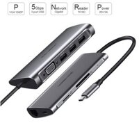 Bộ chuyển USB-C ra VGA/SD/TF/LAN 1000Mbps/3 port USB 3.0/USB-C power 20V-3A UGREEN 50539