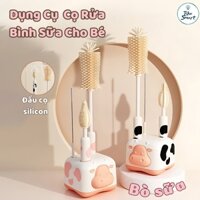 Bộ Cọ Bình Sữa Núm Ti Giả Sillicon Họa Tiết Bò Sữa Với 3 Chi Tiết Xoay 360° Cao Cấp Có Khay Hứng Nước An Toàn Tiện Lợi