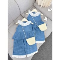 Bộ cổ sen quần xuông chấm bi xanh kèm túi bé gái