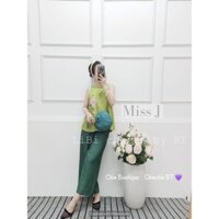 Bộ cổ yếm lụa hoa sen xanh quần suông