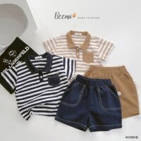 Bộ cộc bé trai , set polo cộc tay thể thao cotton xược kẻ ngan phối túi Beemo 4035BHB