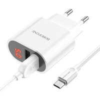 Bộ Cóc Cáp Sạc Có Đèn Báo Sạc Đầy Micro BA63A Borofone - 2 Cổng USB 12W chuẩn EU- Hàng Chính Hãng