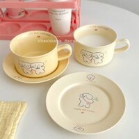 Bộ cốc dĩa sứ hoạ tiết Cún dễ thương, cốc sứ uống nước ngũ cốc kèm dĩa ăn bánh ngọt tiện lợi |Chanhhomedecor|