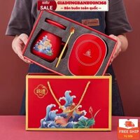 Bộ Cốc Làm Nóng Cà Phê Sữa 55 Độ, Bộ Cốc Ly Sứ Hoa Văn Cung Đình Pha Trà Cà Phê Có Đế Hâm Nóng Hẹn Giờ Kèm Hộp Làm Quà