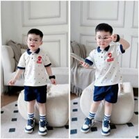 Bộ cộc tay bé trai, sét bộ áo Polo trắng in nhện đỏ kèm quần kaki màu xanh than cho bé từ 9 đến 27kg