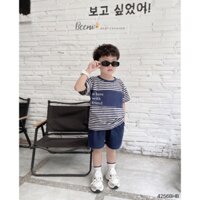 Bộ cộc tay kẻ ngang cho bé trai Beemo chất liệu cotton siêu mát co giãn thiết kế áo phối thân, quần short Kaki B515