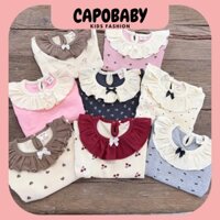 Bộ cộc tay,dài tay 2 chi tiết áo+ quần phong cách tiểu thư dễ thương có bèo nhún đính nơ đen ở cổ cho bé gái từ 6-14kg