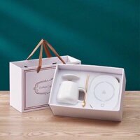 Bộ cốc TRẮNG giữ nhiệt đồ uống cao cấp, kèm thìa vàng và đế giữ nhiệt đồ uống để mùa đông không lạnh