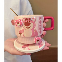 Bộ Cốc uống nước bằng SỨ Gấu Dâu Lotso tặng kèm Muỗng và Phụ Kiện 3D