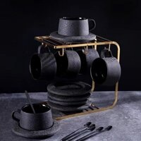 Bộ cốc và đĩa cà phê đen mờ cao cấp, cốc và đĩa trà chiều bằng sứ, cốc ăn sáng kèm thìa và giá đựng