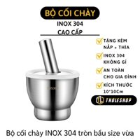 Bộ Cối Chày Inox 304 Không Gỉ Tặng Thìa Inox Và Nắp Chống Văng Dạng Trống Size 10cm 1016