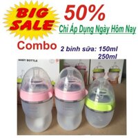 Bộ Combo 2 Bình Sữa  Silicone : 150 ml và 250ml Siêu Mềm, Mô Phỏng Ty Mẹ ( Màu hồng) - Hàng nhập Khẩu