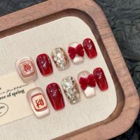 [Bộ công cụ 5in1 thủ công] năm mới May Mắn bướm sang trọng móng tay nghệ thuật ultrashort hình thang móng tay giả với keo trị liệu móng tay ấn vào móng tay tái sử dụng không thấm nước