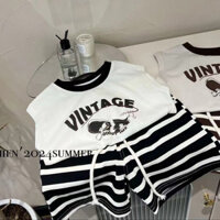 Bộ Cotton Bé Trai Và Bé Gái 2024 Mới Siêu Dễ Thương Áo Vest In Hình Nước Ngoài + Quần Short Sọc Bộ Hai Mảnh