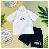 Bộ cotton cộc tay oto, in hình sau bé trai size 1-14, cho bạn từ 9-43kg. Chất cotton 4 chiều đanh tay, siêu thích