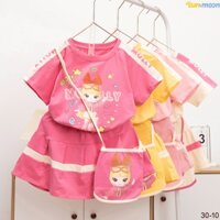 Bộ cotton Sun Moon đi học đi chơi áo tay ngắn bé gái váy bèo nơ cinamon molly kèm giỏ
