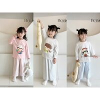 Bộ cotton thu đông in hình dễ thương bé gái, set bộ thu đông dài tay form xuông ống rộng cho bé